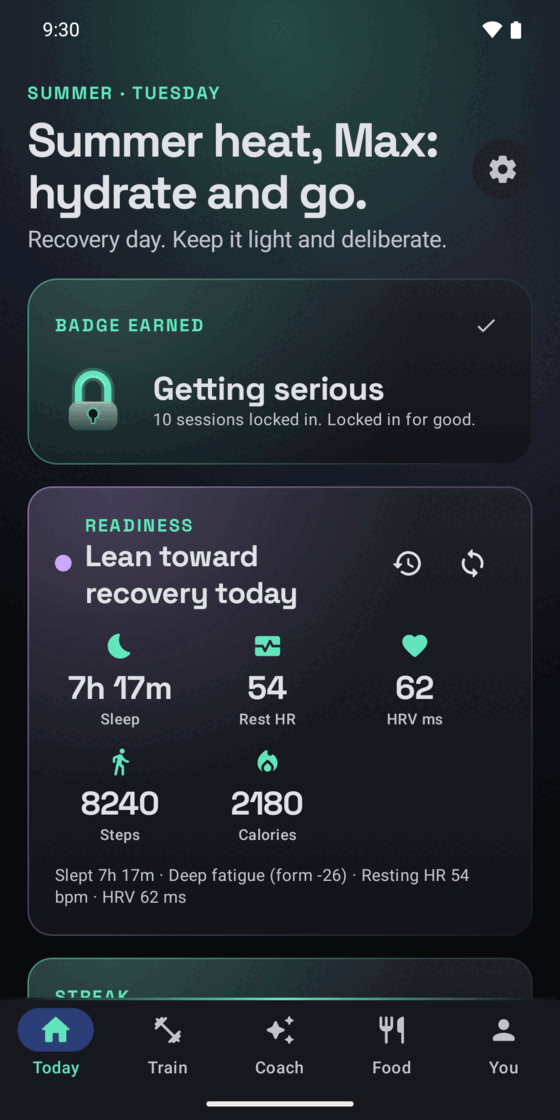 The LockIn Today screen on a phone, greeting the user by name with the day's readiness and setup cards.