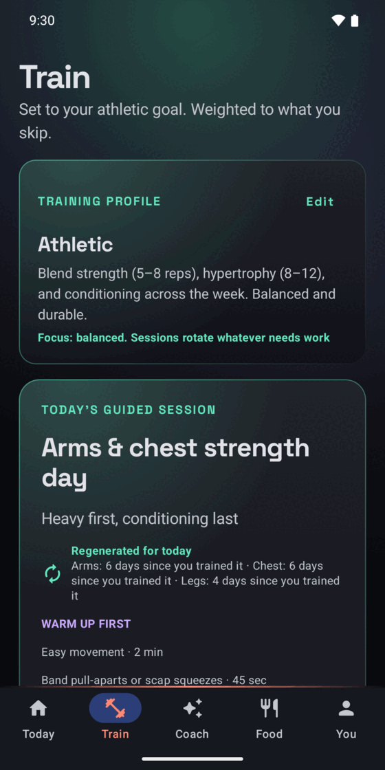 The Train screen showing today's generated workout and the reason it was chosen.