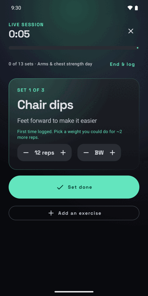 A live session screen showing set 1 of 4, rep and weight steppers, and a Set done button.