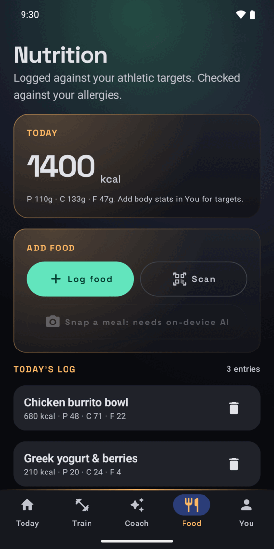 The food screen with logging actions and the day's entries.